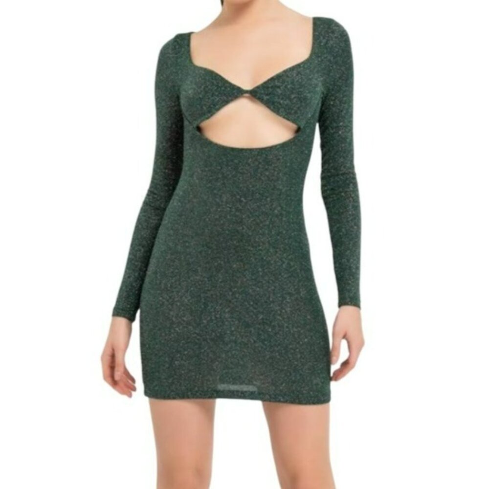 KikiRiki Long Sleeve Front Cutout Glitter Mini Dress Green Size Small NWT